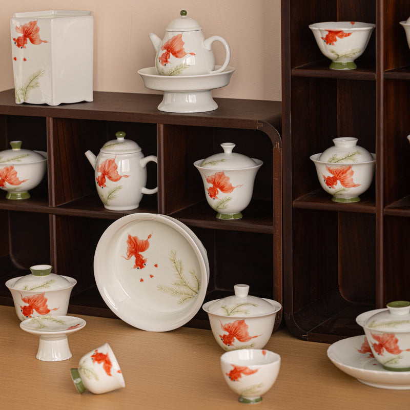 Handmade Chinese Teapot Handpainted Red Koi Pattern Teaware Master Pottery Japanese Ceramic