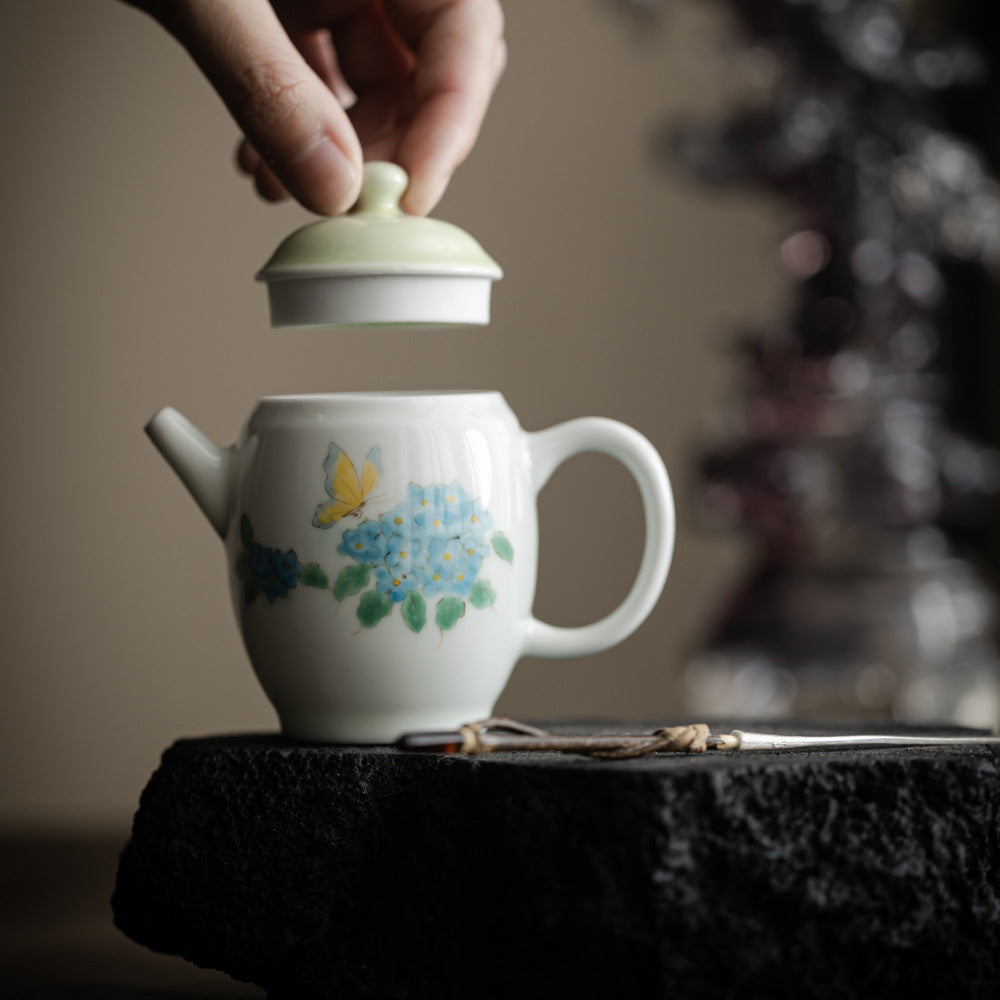Handmade Chinese Green Teapot Handpainted Hydrangea Pattern Teaware Master Pottery Japanese Ceramic