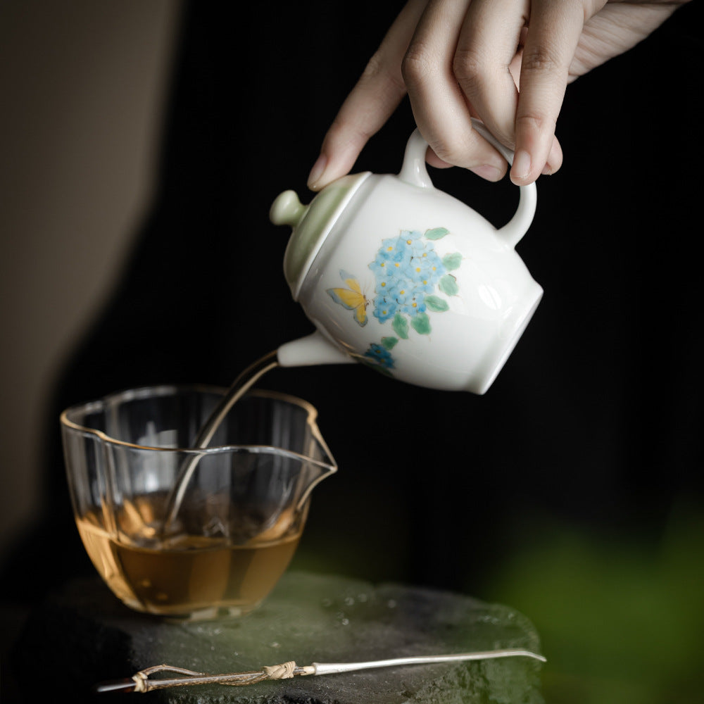 Handmade Chinese Green Teapot Handpainted Hydrangea Pattern Teaware Master Pottery Japanese Ceramic