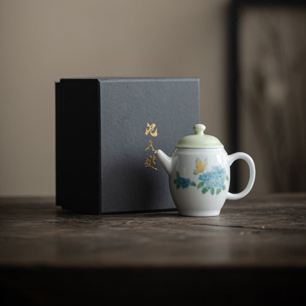 Handmade Chinese Green Teapot Handpainted Hydrangea Pattern Teaware Master Pottery Japanese Ceramic