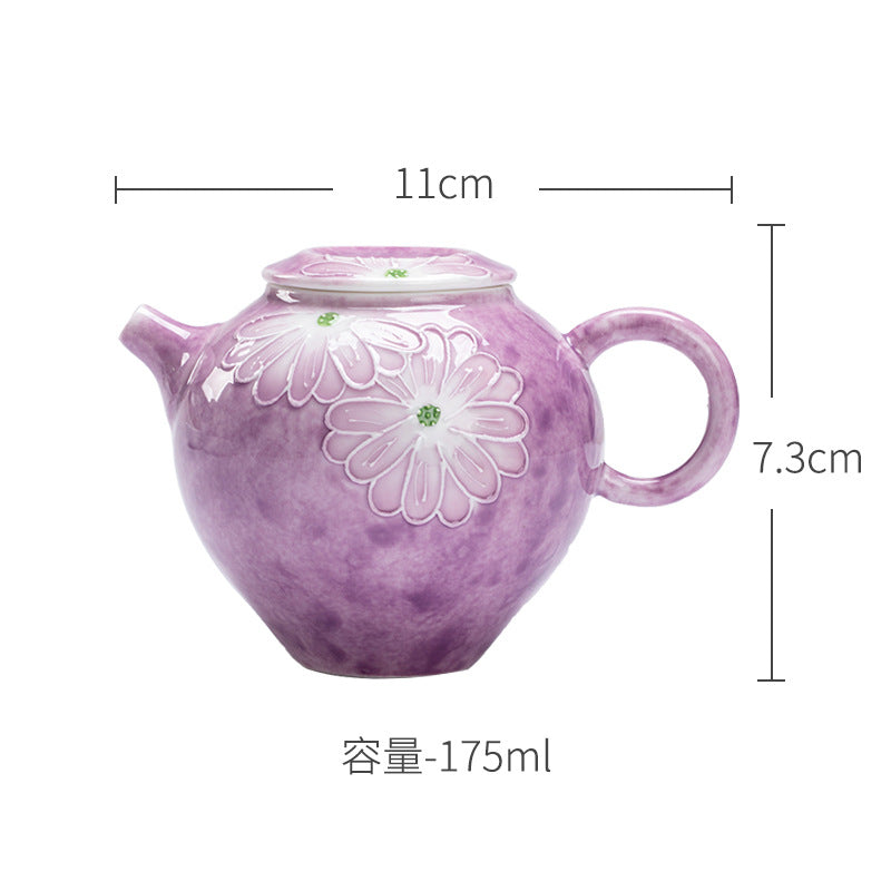 this is a purple ceramic teapot