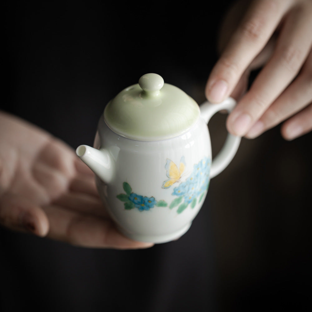 Handmade Chinese Green Teapot Handpainted Hydrangea Pattern Teaware Master Pottery Japanese Ceramic