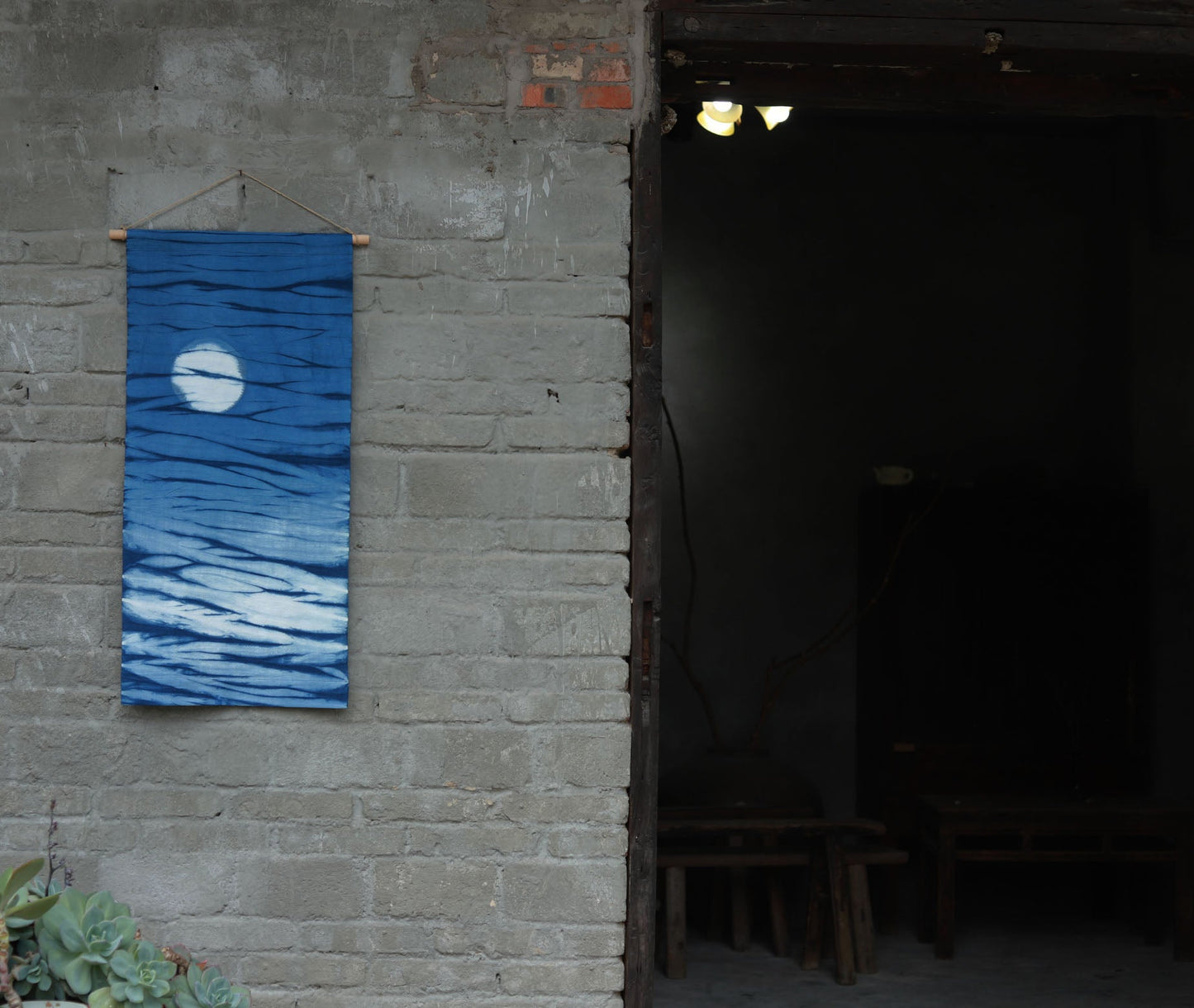 Plant Dyed Moonlight Wall Painting Chinese Hand Dyed Indigo Traditional Cloth Hanging Painting