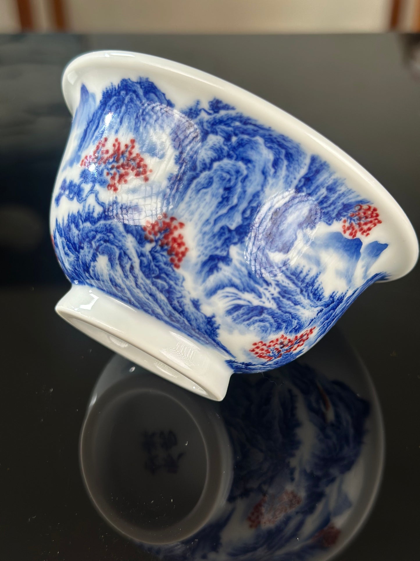 Handpainted Chinese Blue and White Underglaze Red Youlihong Porcelain Jingdezhen Mountain Landscape Pattern Teacup