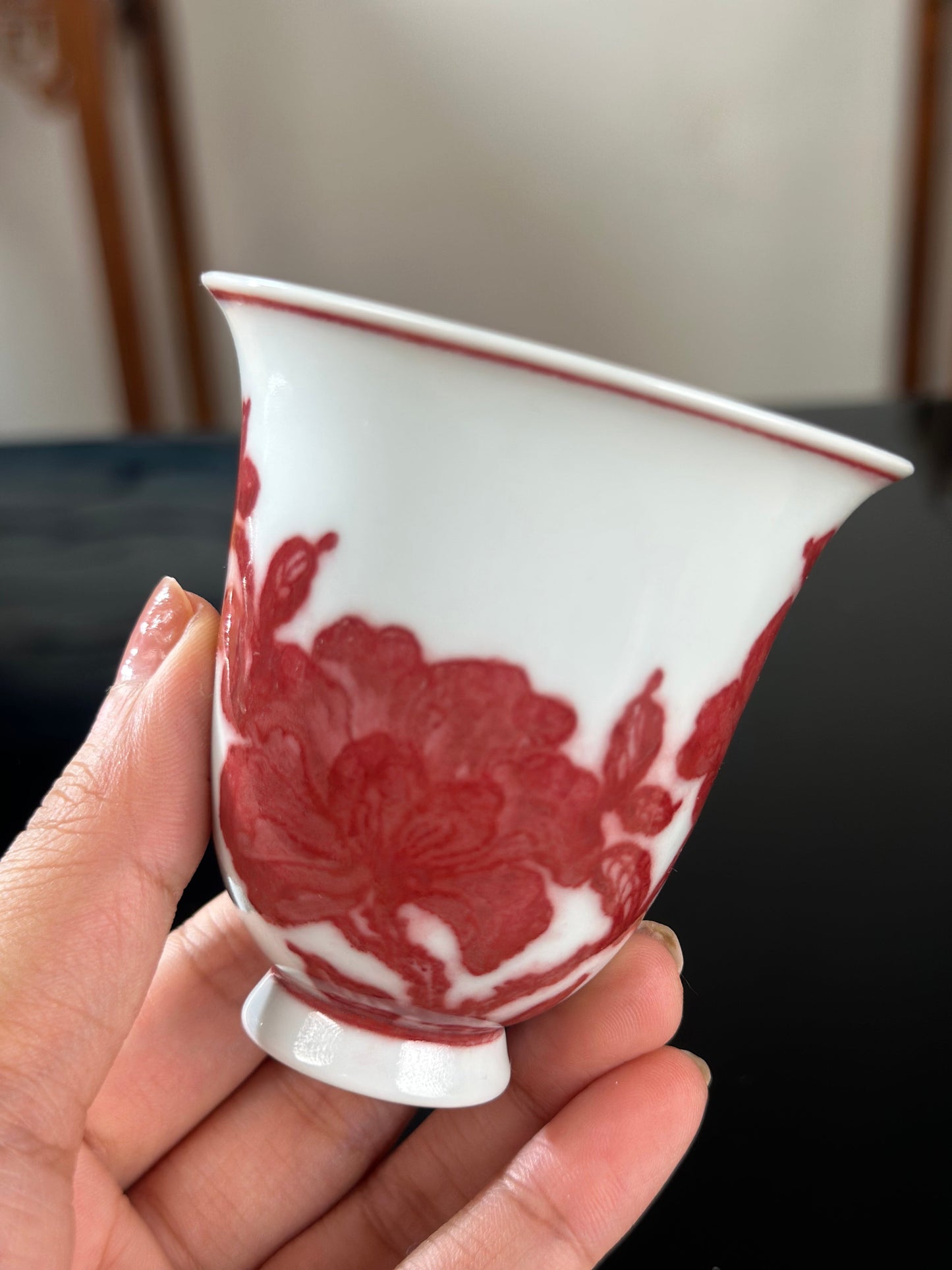 Handpainted Chinese Underglaze Red Youlihong Porcelain Jingdezhen Traditional Lotus with Twined Stem Pattern Teacup