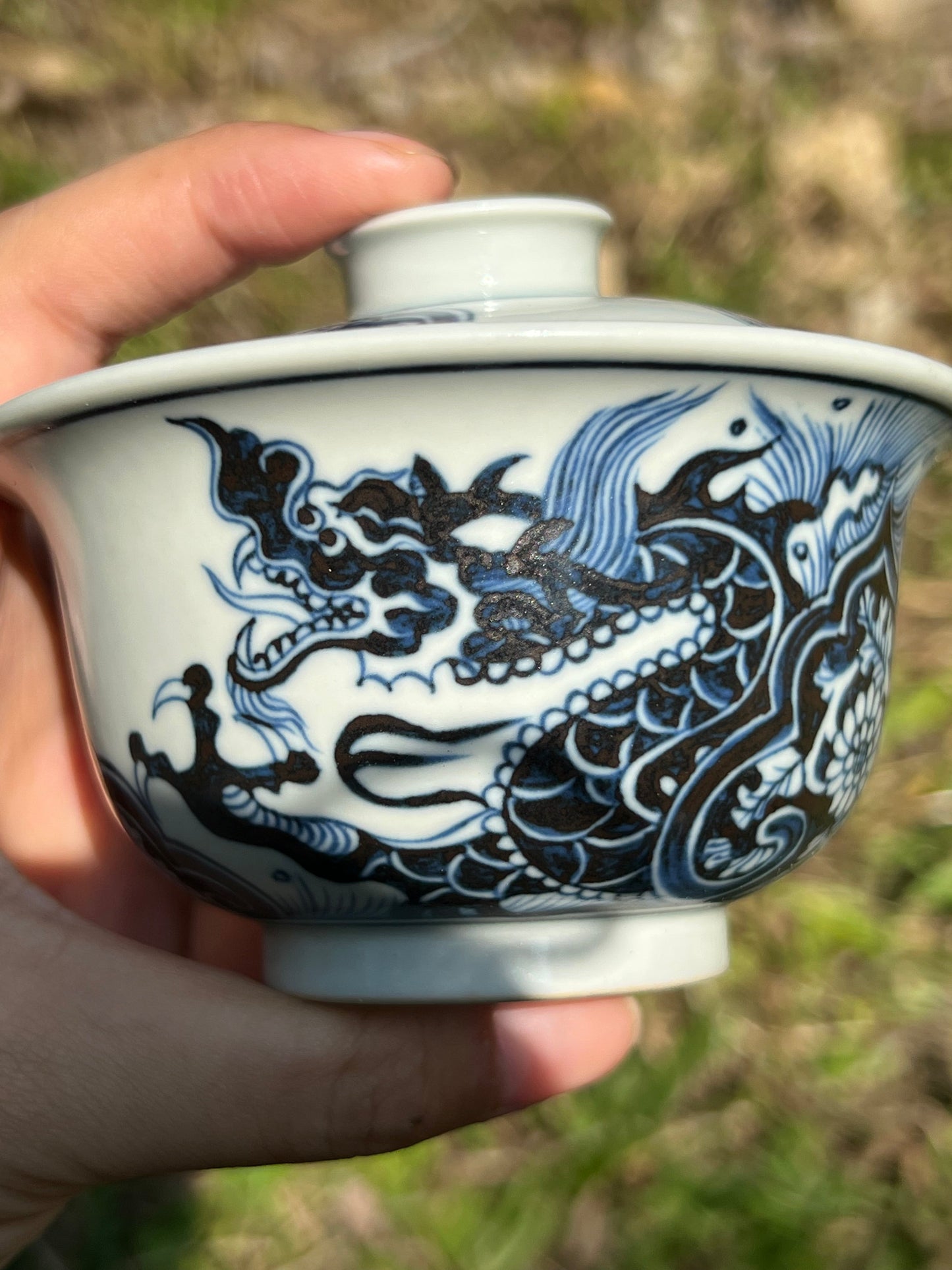 Hand Painted Chinese Dragon Blue and White Porcelain Gaiwan Jingdezhen Ceramic Master Artwork