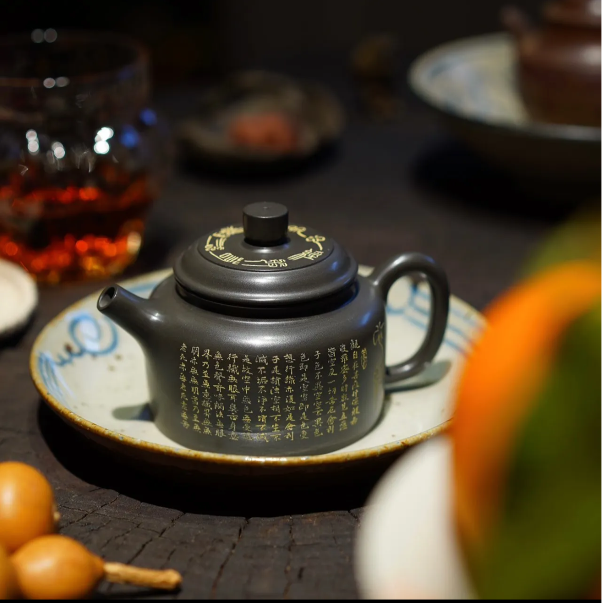 Handcrafted Original Design Chinese Nixing Pottery Teapot Artwork Black Teapot Kungfu Teapot 100% Hand engraved Chinese Heart Sutras Calligraphy