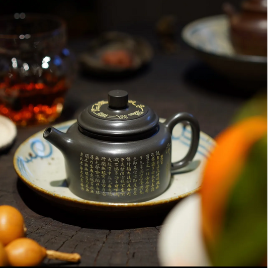 Handcrafted Original Design Chinese Nixing Pottery Teapot Artwork Black Teapot Kungfu Teapot 100% Hand engraved Chinese Heart Sutras Calligraphy