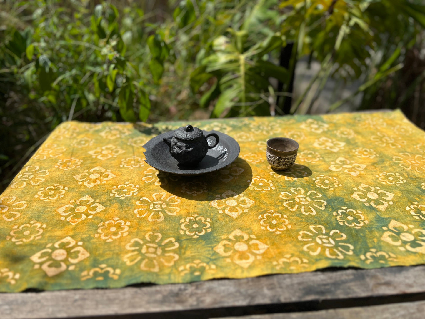 Tea Table Cloth Hand Dyed Plant Dyed Cotton Tea Mat Nature Dye Chabu Chaxi Yellow Green Color