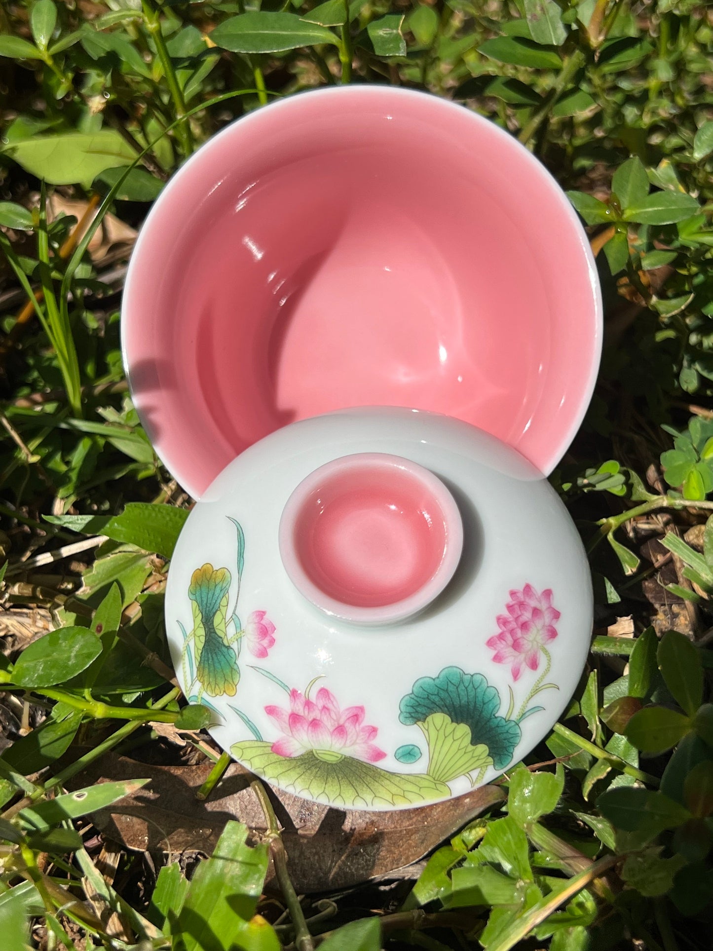 Hand Painted Chinese Enamel Lotus Gaiwan Set Jingdezhen Master Ceramic Artwork