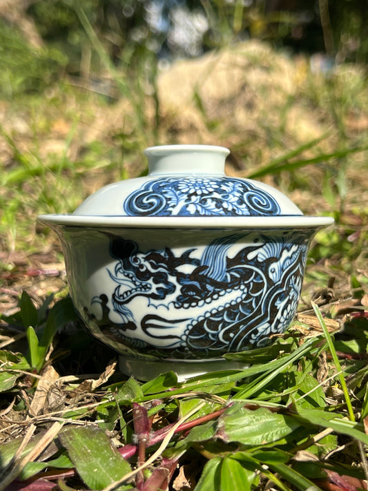 Hand Painted Chinese Dragon Blue and White Porcelain Gaiwan Jingdezhen Ceramic Master Artwork