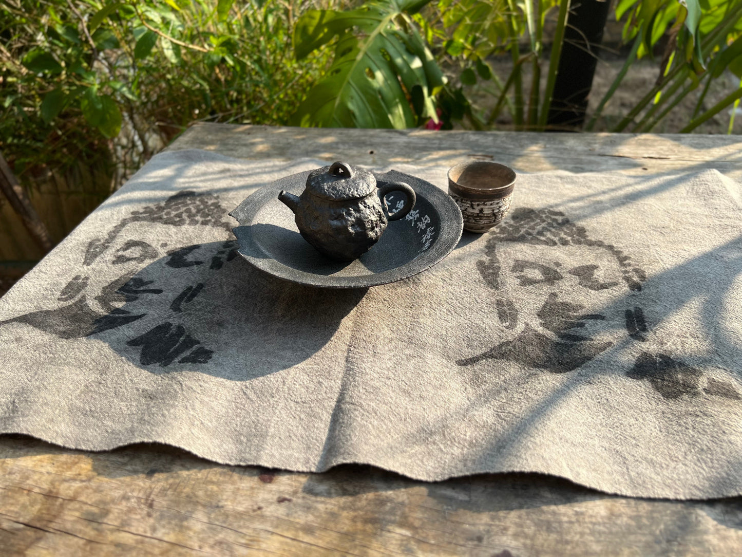 Hand Dyed Tea Table Cloth Plant Dyed Pure Cotton Tea Mat Natura Dye Buddha Pattern Chabu Chaxi