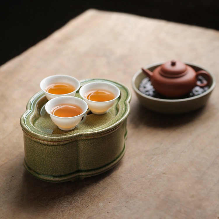Zhangzhou Kiln Green-glazed Tea Boat Begonia Pot Carrying Open Teapot Holder Tea Tray Chinese Master Artwork Teapot Holder Tea Boat