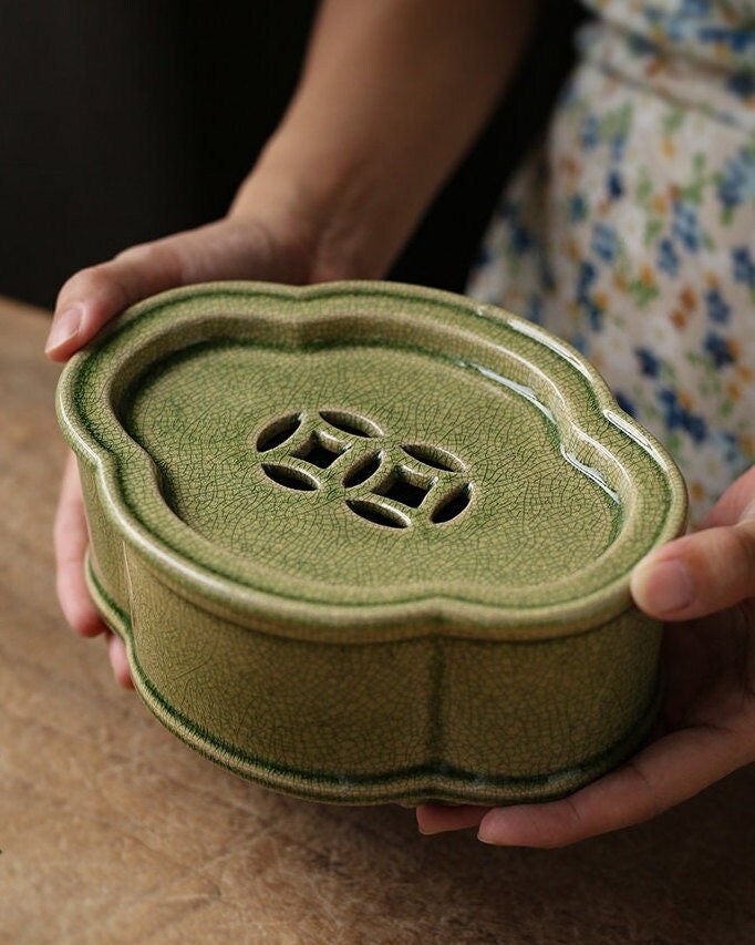 Zhangzhou Kiln Green-glazed Tea Boat Begonia Pot Carrying Open Teapot Holder Tea Tray Chinese Master Artwork Teapot Holder Tea Boat