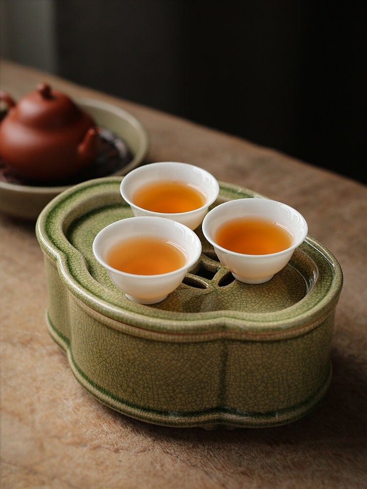 Zhangzhou Kiln Green-glazed Tea Boat Begonia Pot Carrying Open Teapot Holder Tea Tray Chinese Master Artwork Teapot Holder Tea Boat