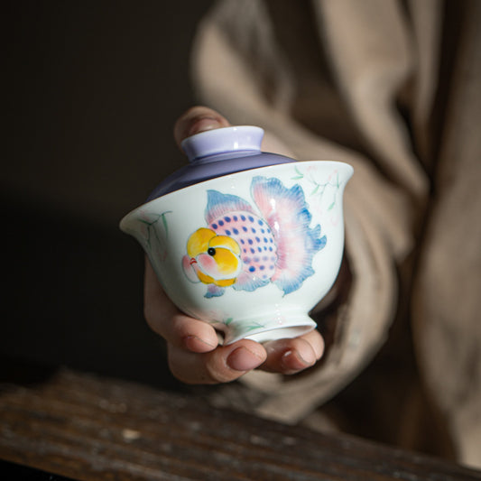 Handmade Chinese Gaiwan Handpainted Fathead Fish Pattern Teaware Teapot Master Pottery Japanese Ceramic