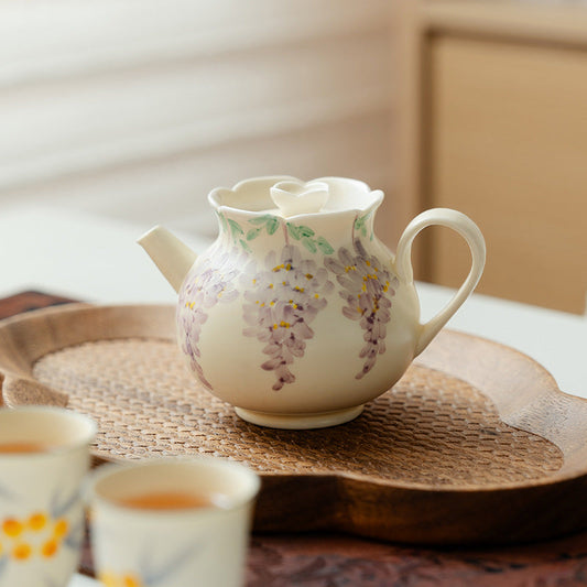 Original Handpainted Purple Wisteria Flower Pattern Kohiki Teapot Japanese Pottery Master Ceramic Tea Ceremony