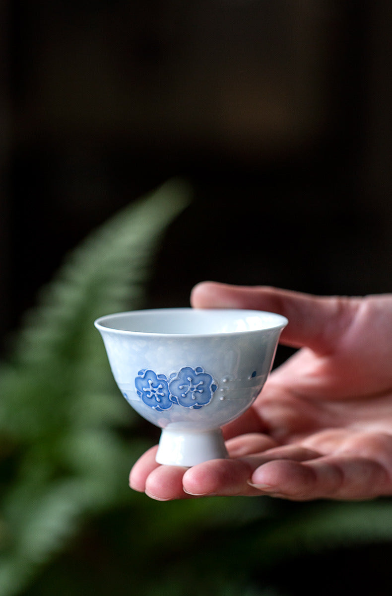 Chinese Jingdezhen Tea tray Unique Original Handpainted Blue Cherry blossoms Pattern Tea Boat Tea tray Vintage Blue Teapot Holder Chinese Master Porcelain Ceramic