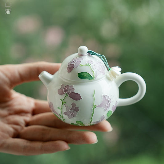 Original Handpainted Lily of the Valley Flower White Porcelain Teapot Master Ceramic Tea Ceremony