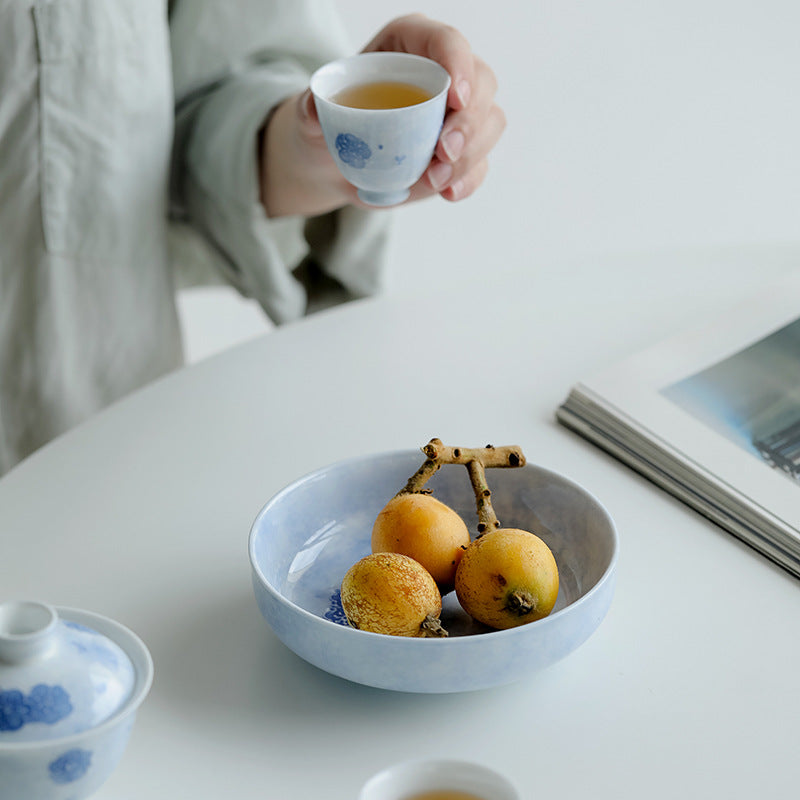 Chinese Jingdezhen Tea tray Unique Original Handpainted Blue Cherry blossoms Pattern Tea Boat Tea tray Vintage Blue Teapot Holder Chinese Master Porcelain Ceramic