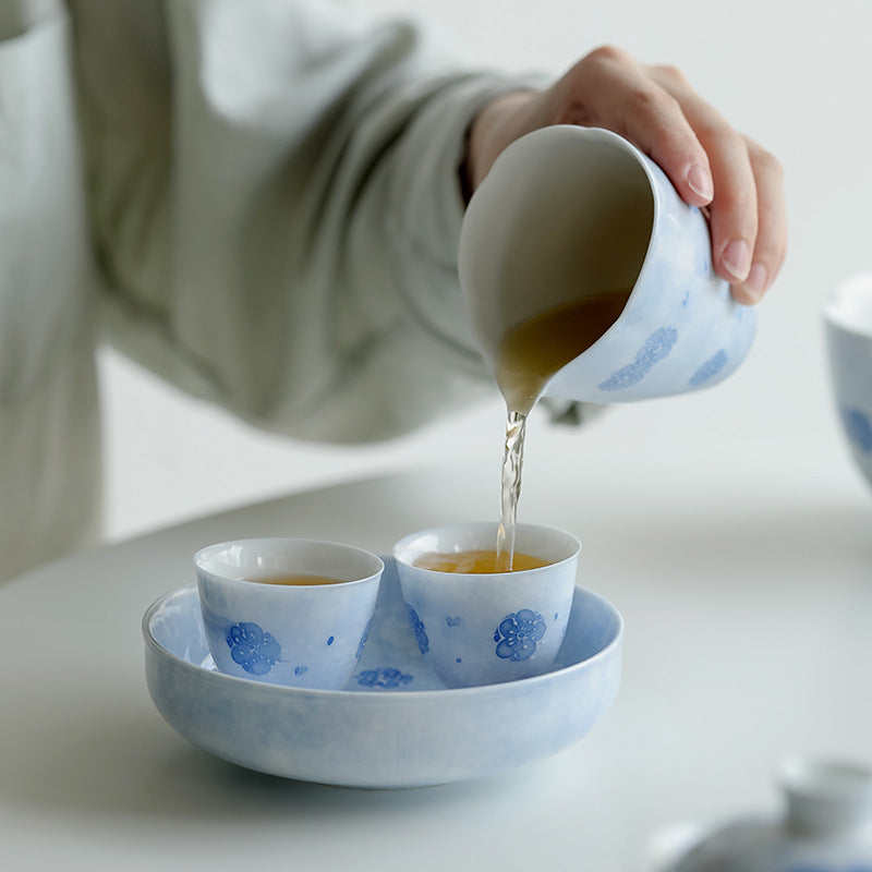 Chinese Jingdezhen Tea tray Unique Original Handpainted Blue Cherry blossoms Pattern Tea Boat Tea tray Vintage Blue Teapot Holder Chinese Master Porcelain Ceramic