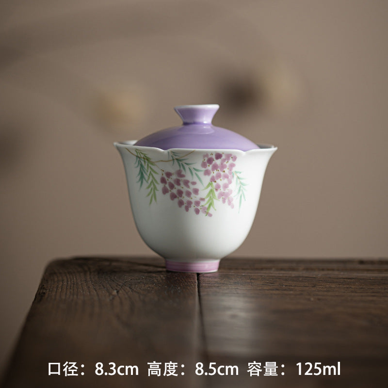 Chinese Original Handpainted Purple Wisteria Pattern Gaiwan Unique Teaware Master Pottery Tea Ceremony