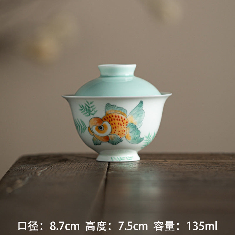 Handmade Chinese Gaiwan Handpainted Fathead Fish Pattern Teaware Teapot Master Pottery Japanese Ceramic