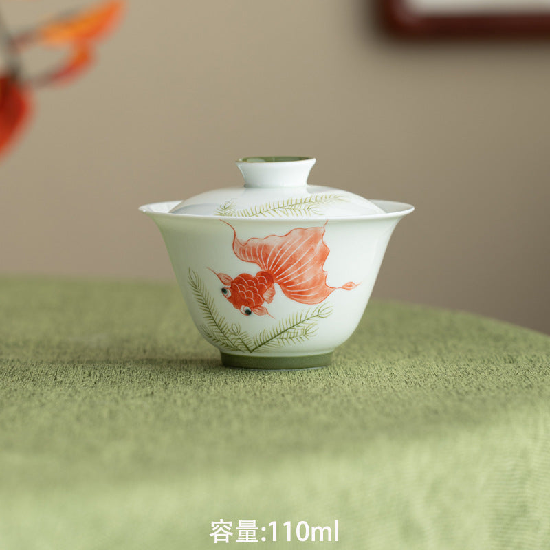 Handmade Chinese Gaiwan Handpainted Red Koi Pattern Teaware Teapot Master Pottery Japanese Ceramic