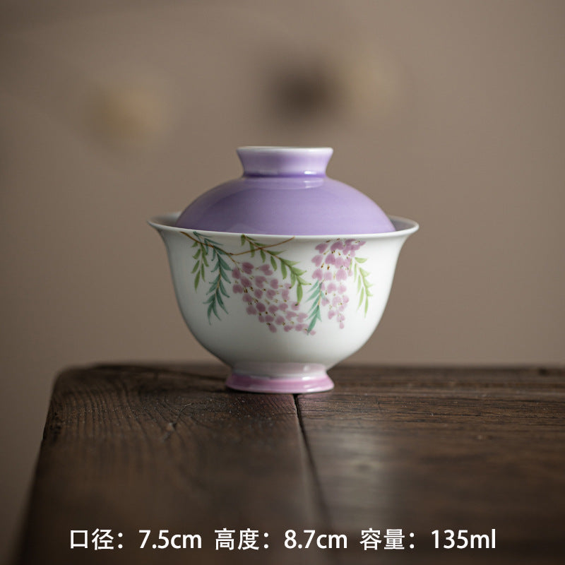 Chinese Original Handpainted Purple Wisteria Pattern Gaiwan Unique Teaware Master Pottery Tea Ceremony