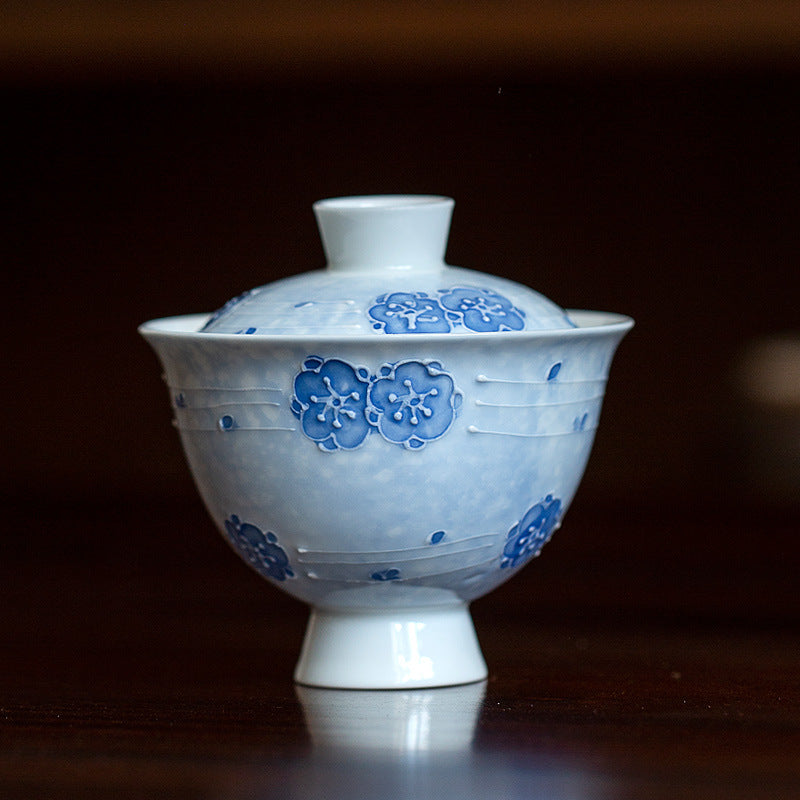 Chinese Jingdezhen Tea tray Unique Original Handpainted Blue Cherry blossoms Pattern Tea Boat Tea tray Vintage Blue Teapot Holder Chinese Master Porcelain Ceramic