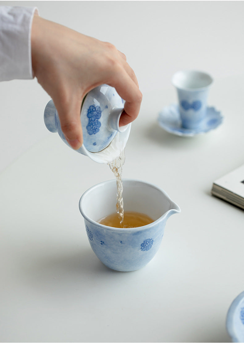 Chinese Jingdezhen Tea tray Unique Original Handpainted Blue Cherry blossoms Pattern Tea Boat Tea tray Vintage Blue Teapot Holder Chinese Master Porcelain Ceramic