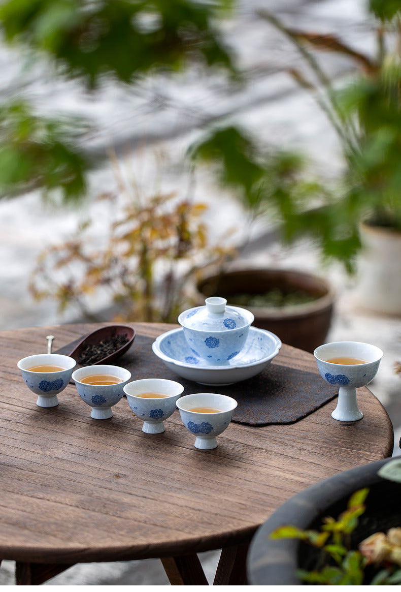 Chinese Jingdezhen Tea tray Unique Original Handpainted Blue Cherry blossoms Pattern Tea Boat Tea tray Vintage Blue Teapot Holder Chinese Master Porcelain Ceramic