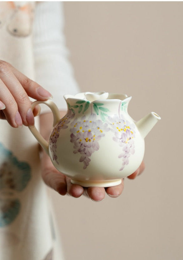 Original Handpainted Purple Wisteria Flower Pattern Kohiki Teapot Japanese Pottery Master Ceramic Tea Ceremony