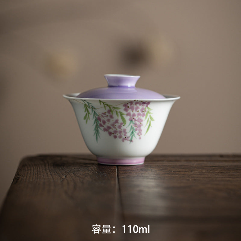 Chinese Original Handpainted Purple Wisteria Pattern Gaiwan Unique Teaware Master Pottery Tea Ceremony