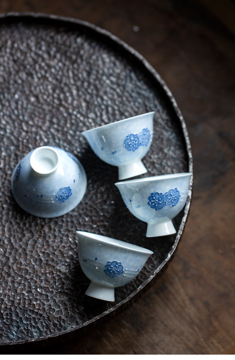 Chinese Jingdezhen Tea tray Unique Original Handpainted Blue Cherry blossoms Pattern Tea Boat Tea tray Vintage Blue Teapot Holder Chinese Master Porcelain Ceramic