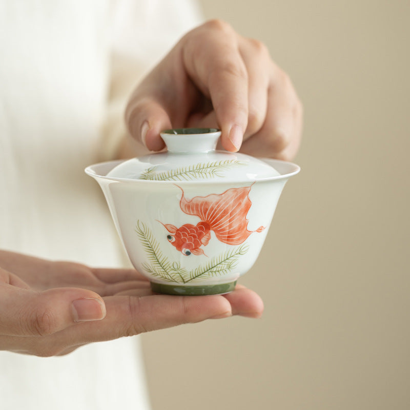 Handmade Chinese Gaiwan Handpainted Red Koi Pattern Teaware Teapot Master Pottery Japanese Ceramic