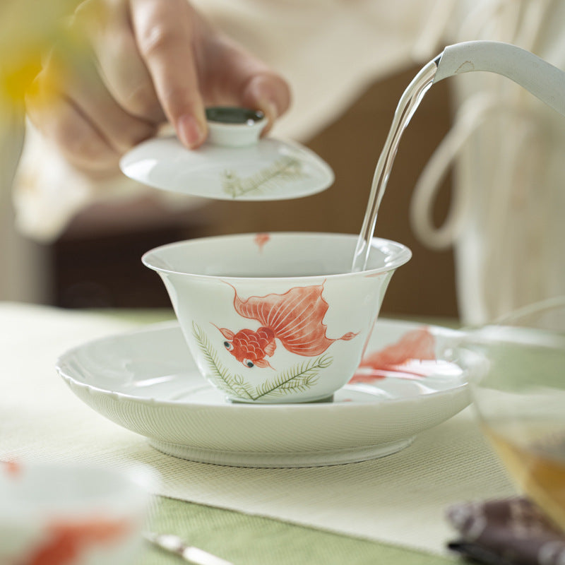 Handmade Chinese Gaiwan Handpainted Red Koi Pattern Teaware Teapot Master Pottery Japanese Ceramic