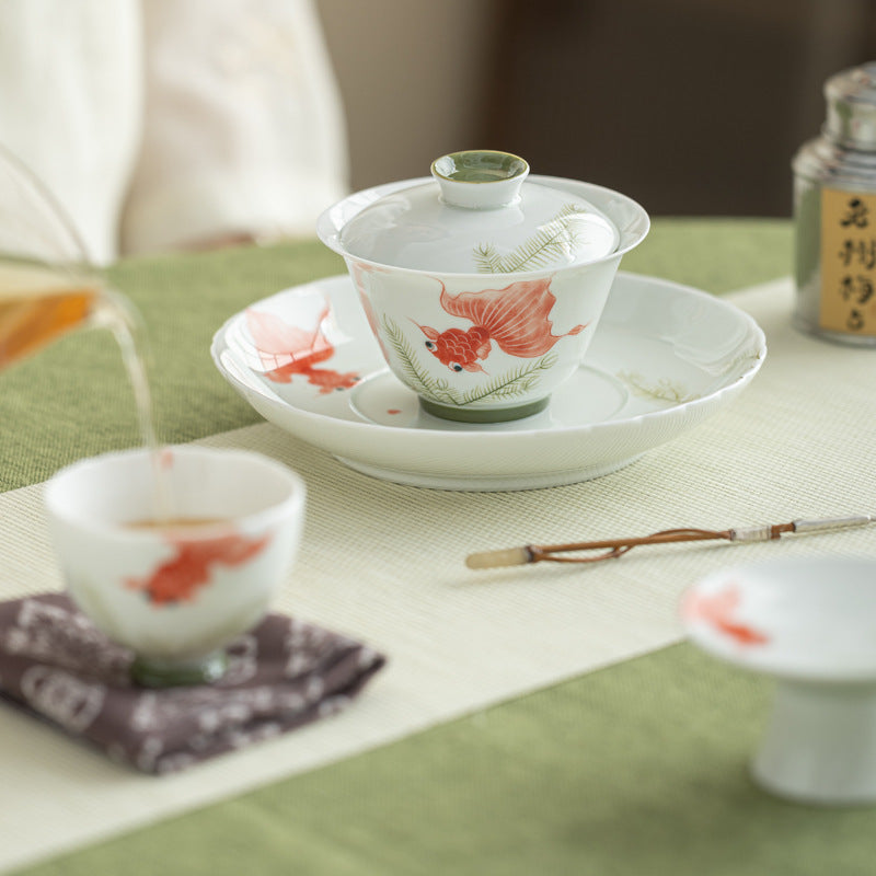 Handmade Chinese Gaiwan Handpainted Red Koi Pattern Teaware Teapot Master Pottery Japanese Ceramic