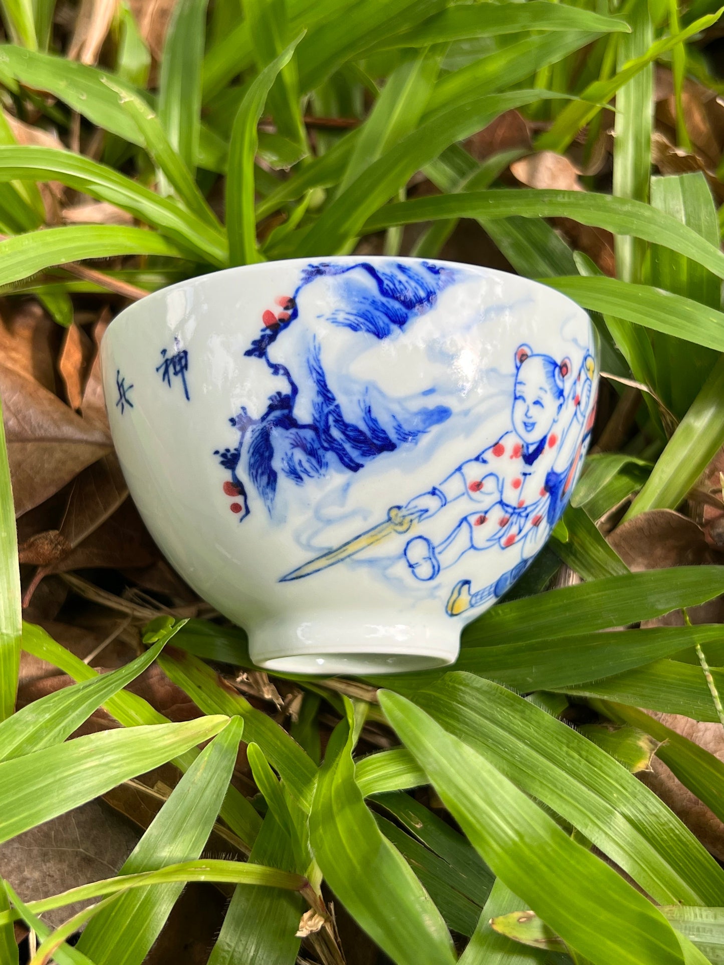 Hand Painted Chinese Blue and White Porcelain Magic Children Tongzi Pattern Jingdezhen Teacup Master Ceramic Artwork