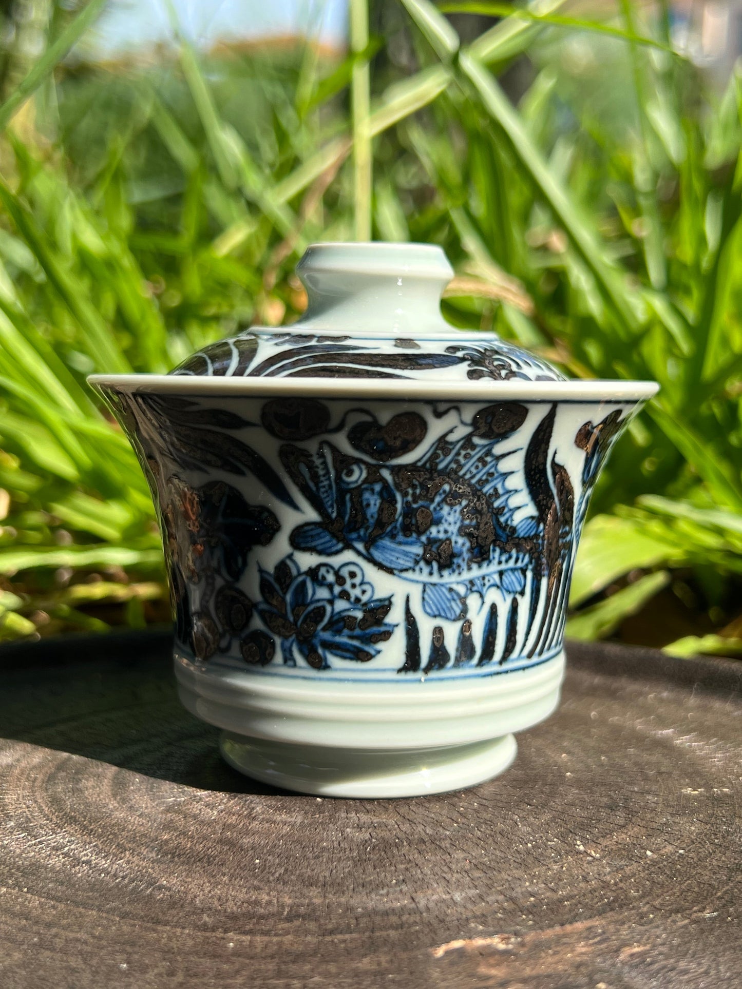 Hand Painted Chinese Antique Yuan Dynasty Blue and White Porcelain Fish and Algae Pattern Gaiwan Set Jingdezhen Master Ceramic Artwork