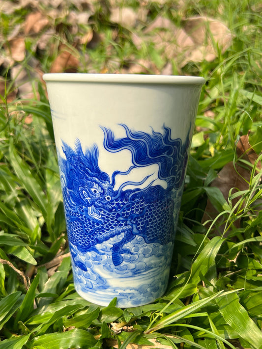 Handpainted Jingdezhen Teacup Chinese Qilin Kirin White Blue Porcelain Fine China Cup