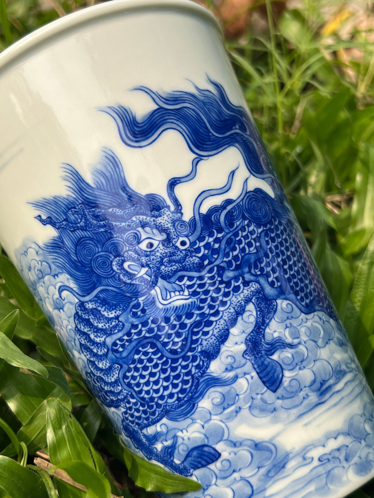 Handpainted Jingdezhen Teacup Chinese Qilin Kirin White Blue Porcelain Fine China Cup