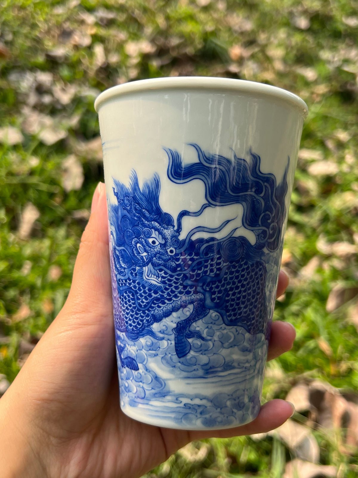 Handpainted Jingdezhen Teacup Chinese Qilin Kirin White Blue Porcelain Fine China Cup