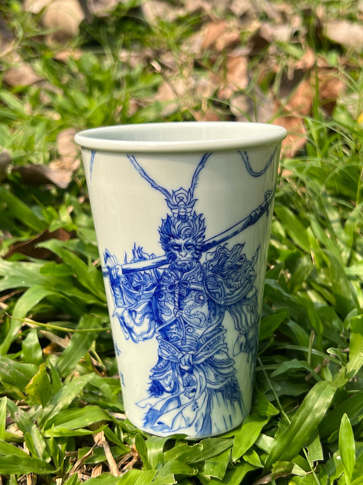 Handpainted Jingdezhen Teacup Chinese Wukong Monkey King White Blue Porcelain Fine China Cup