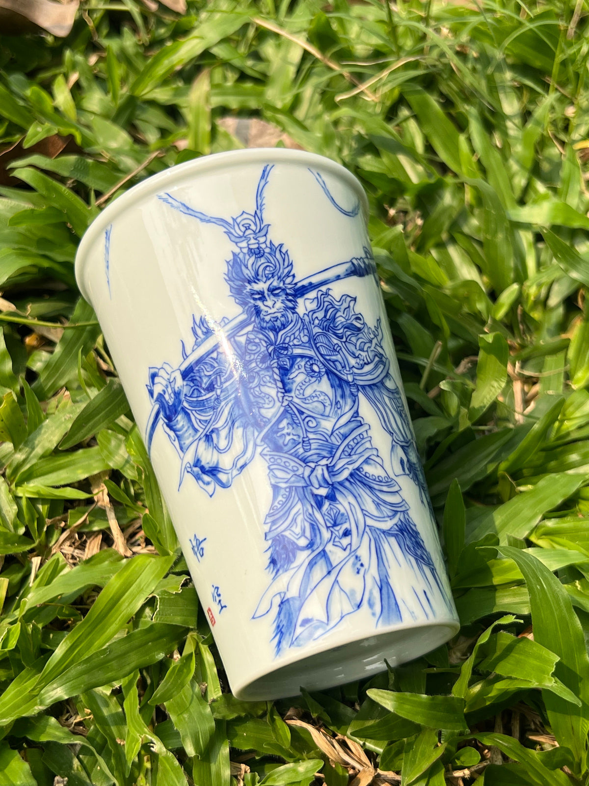Handpainted Jingdezhen Teacup Chinese Wukong Monkey King White Blue Porcelain Fine China Cup