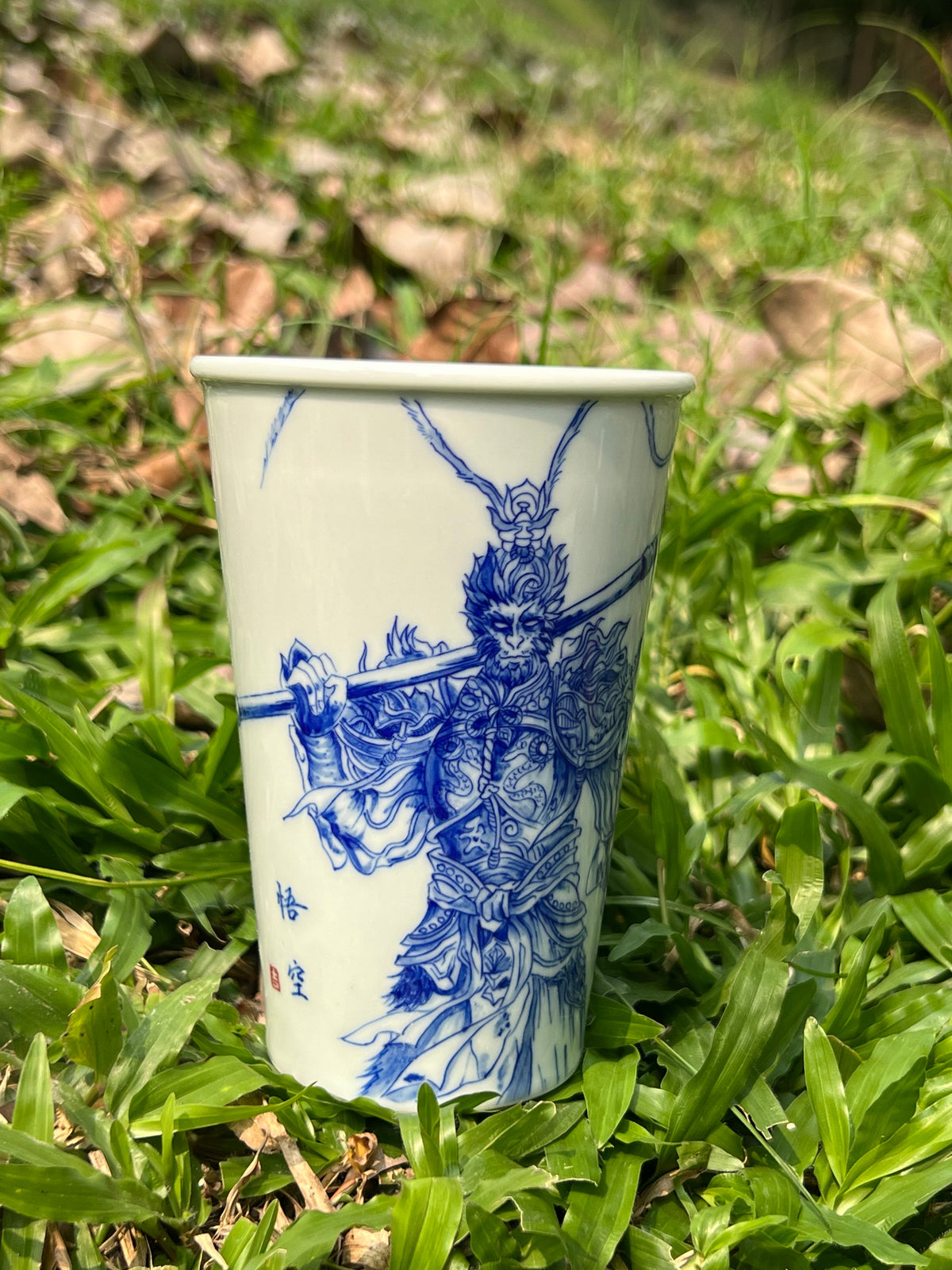 Handpainted Jingdezhen Teacup Chinese Wukong Monkey King White Blue Porcelain Fine China Cup