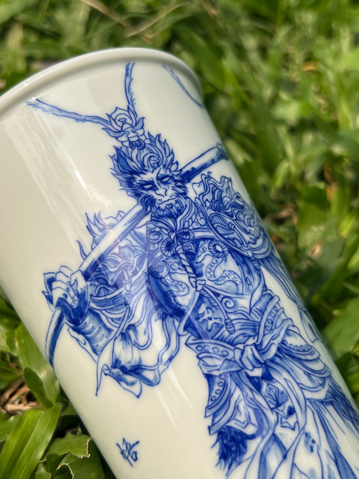 Handpainted Jingdezhen Teacup Chinese Wukong Monkey King White Blue Porcelain Fine China Cup