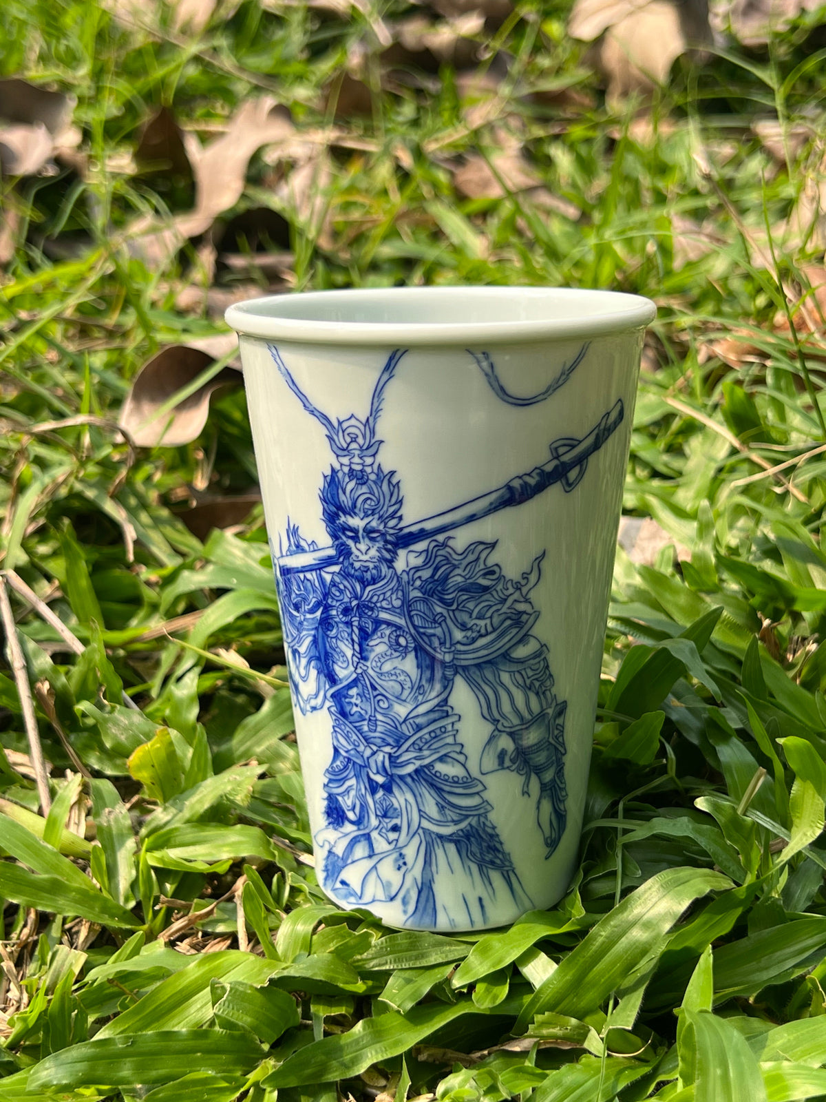 Handpainted Jingdezhen Teacup Chinese Wukong Monkey King White Blue Porcelain Fine China Cup