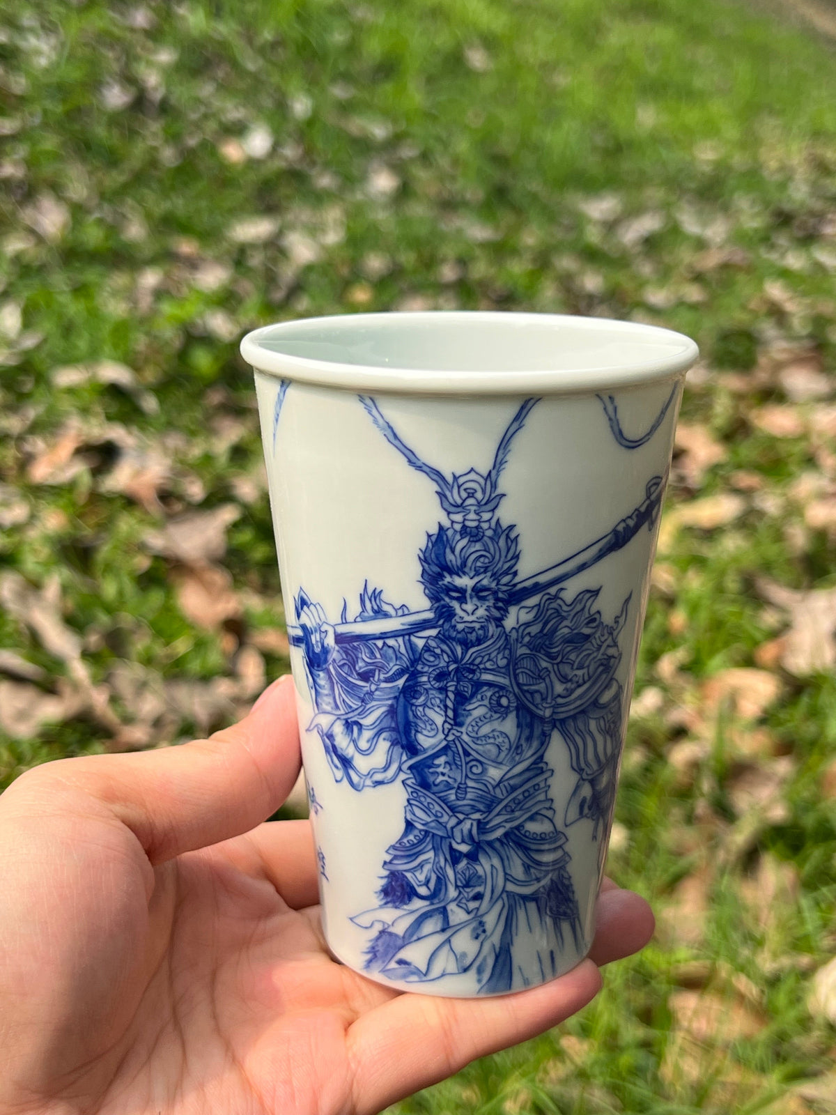 Handpainted Jingdezhen Teacup Chinese Wukong Monkey King White Blue Porcelain Fine China Cup