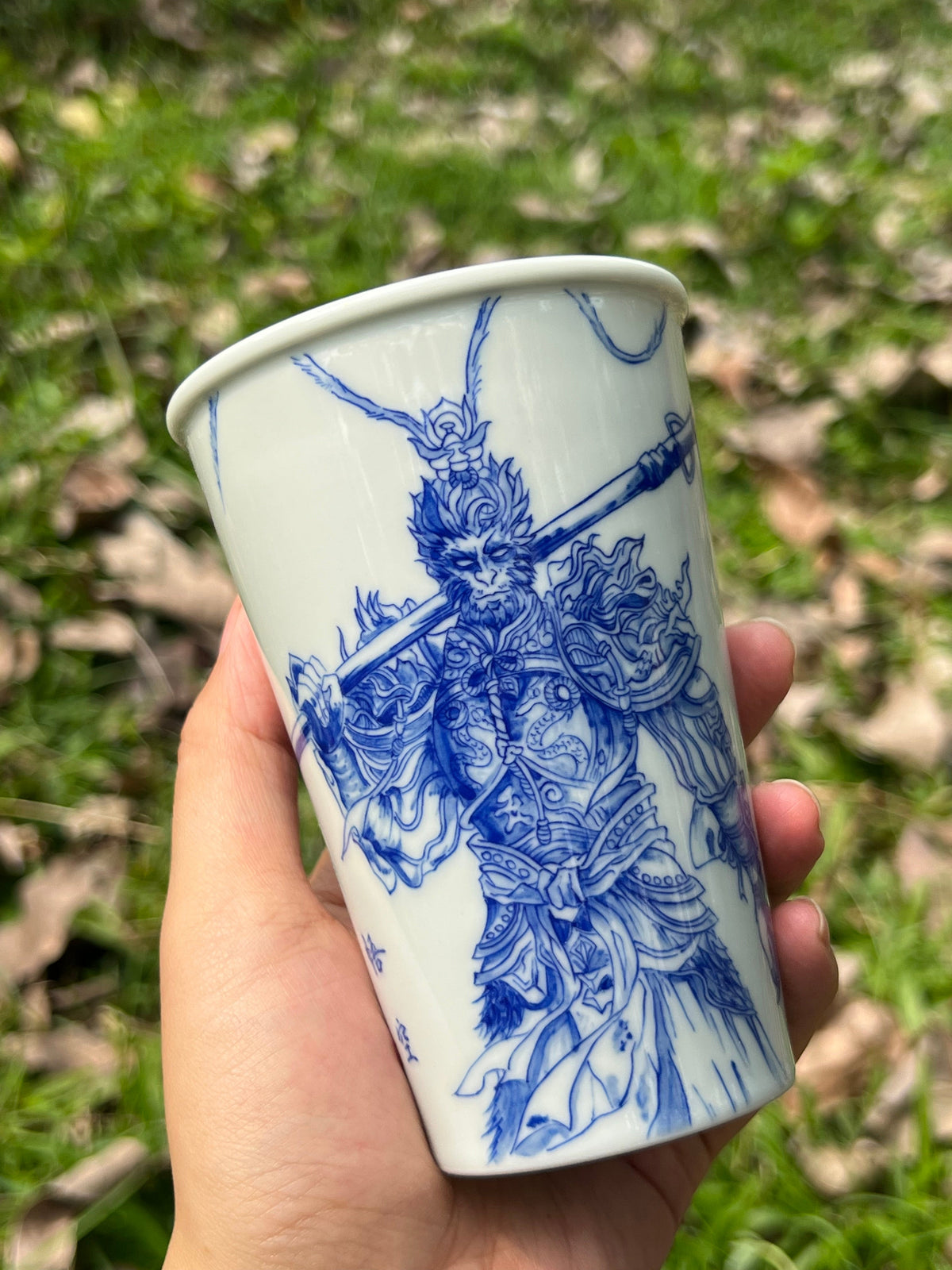 Handpainted Jingdezhen Teacup Chinese Wukong Monkey King White Blue Porcelain Fine China Cup